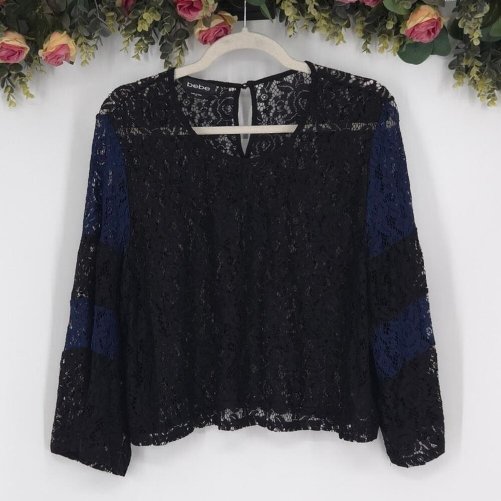 Bebe Black and Blue Contrast-Sleeve Lace Blouse Size XL